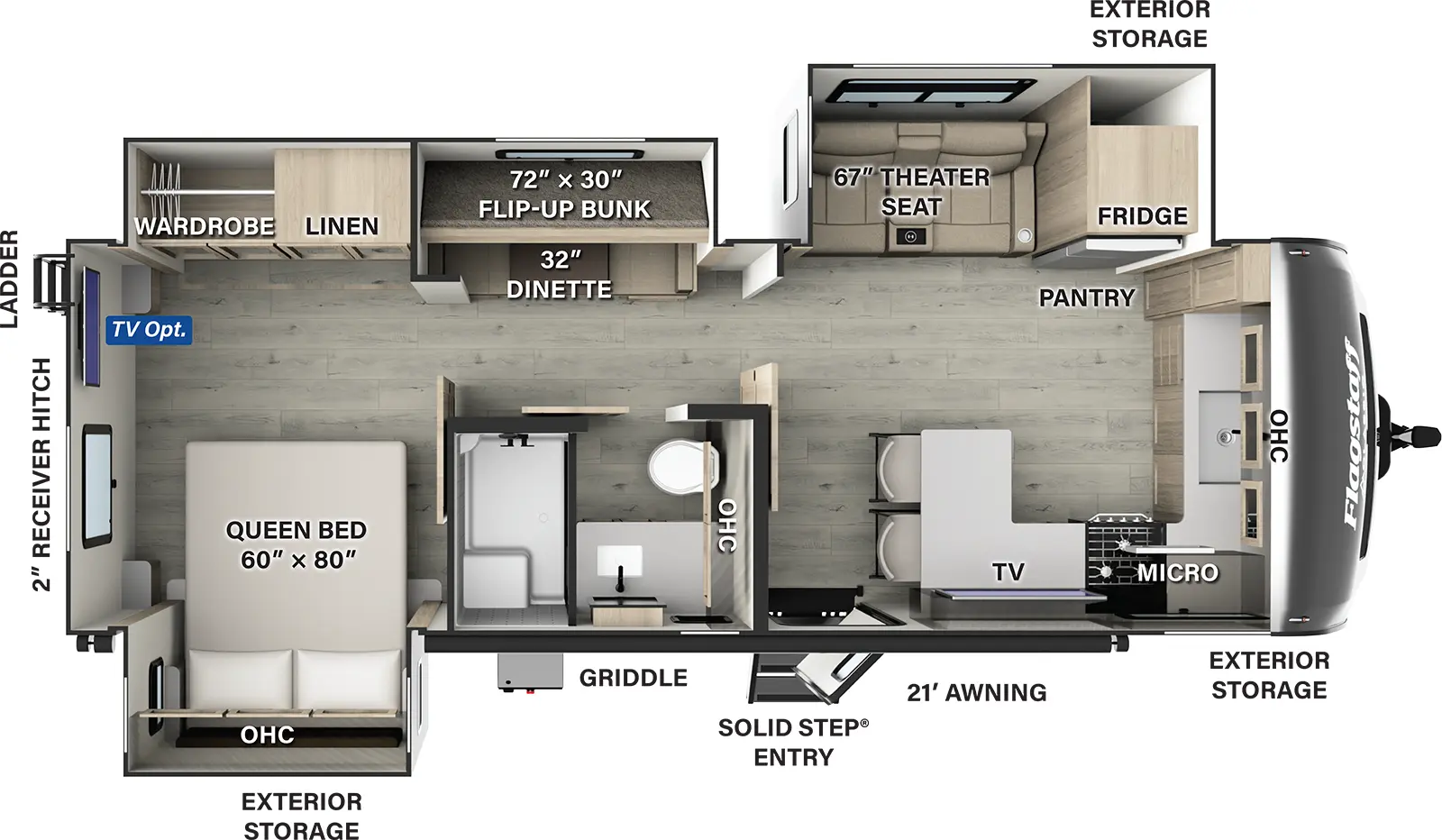 The Flagstaff Classic Travel Trailers 826BHS has one entry and three slide outs. Exterior features include: fiberglass exterior and 21' awning. Interiors features include: bunk beds, front kitchen and rear bedroom.